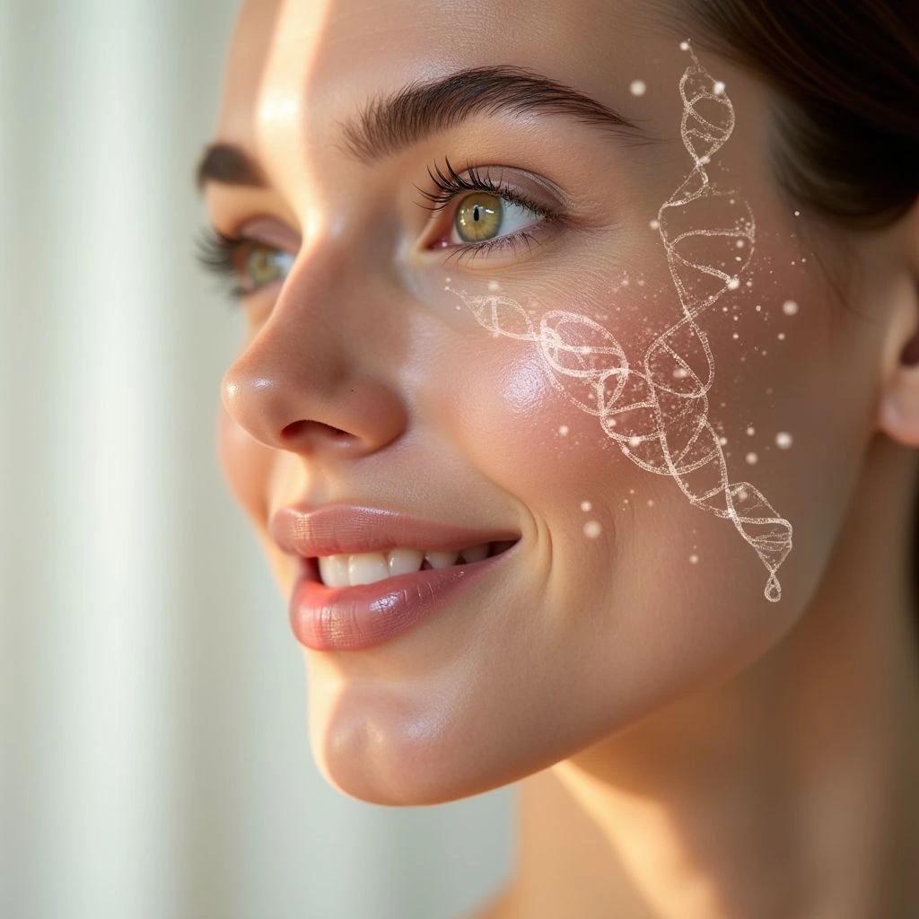 Serene individual with luminous skin and healthy hair in a luxury clinic